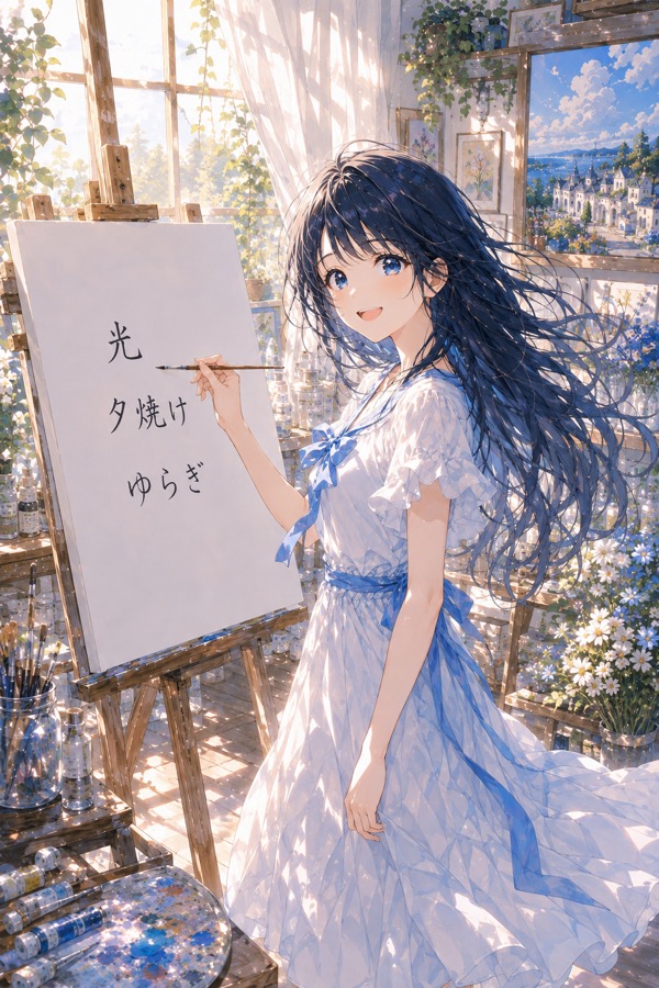 キャンバスに「光」「夕焼け」「ゆらぎ」ということばを書きつける女の子