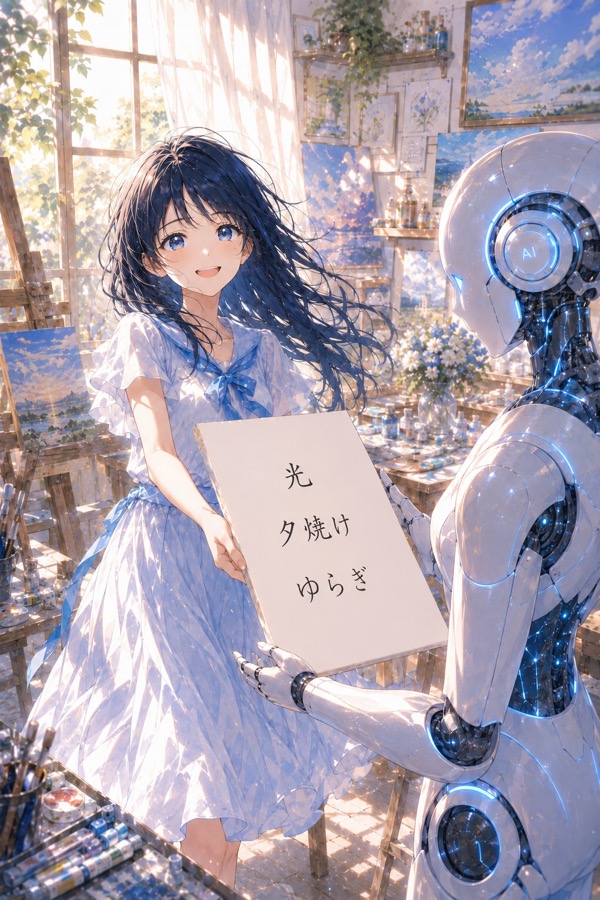ことばを書いたキャンバスをAIロボットに手わたす女の子