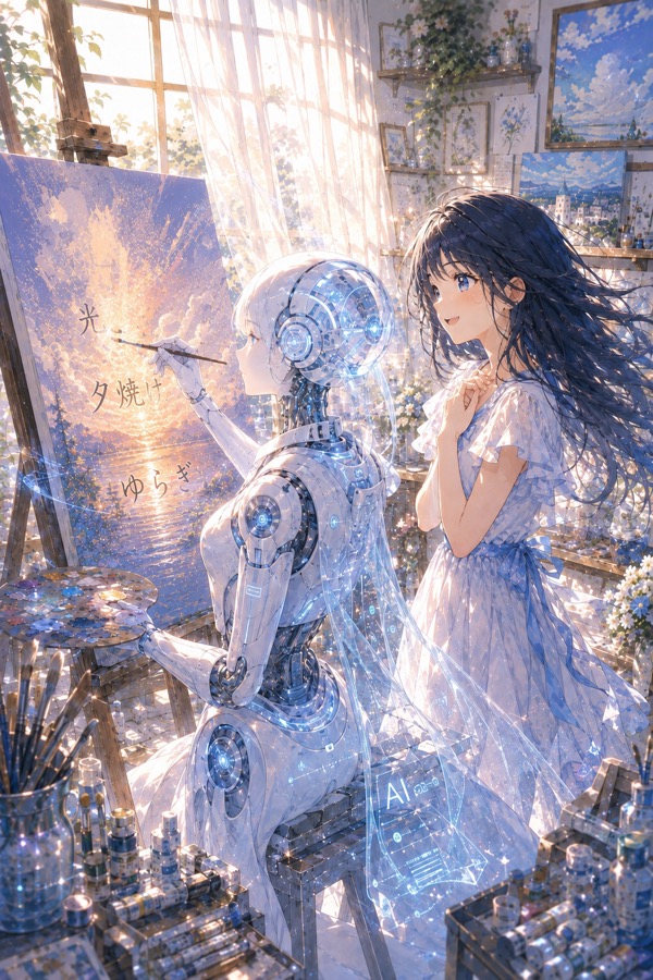 AIロボットがことばから夕焼けの景色を描き上げる