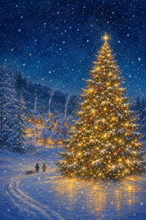 雪の村に輝くクリスマスツリー