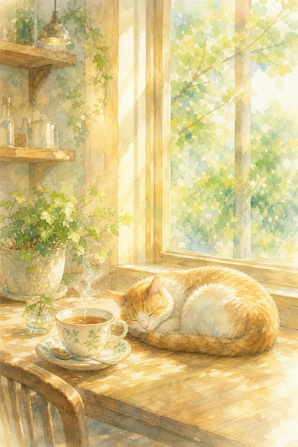窓辺で眠るねこの水彩画