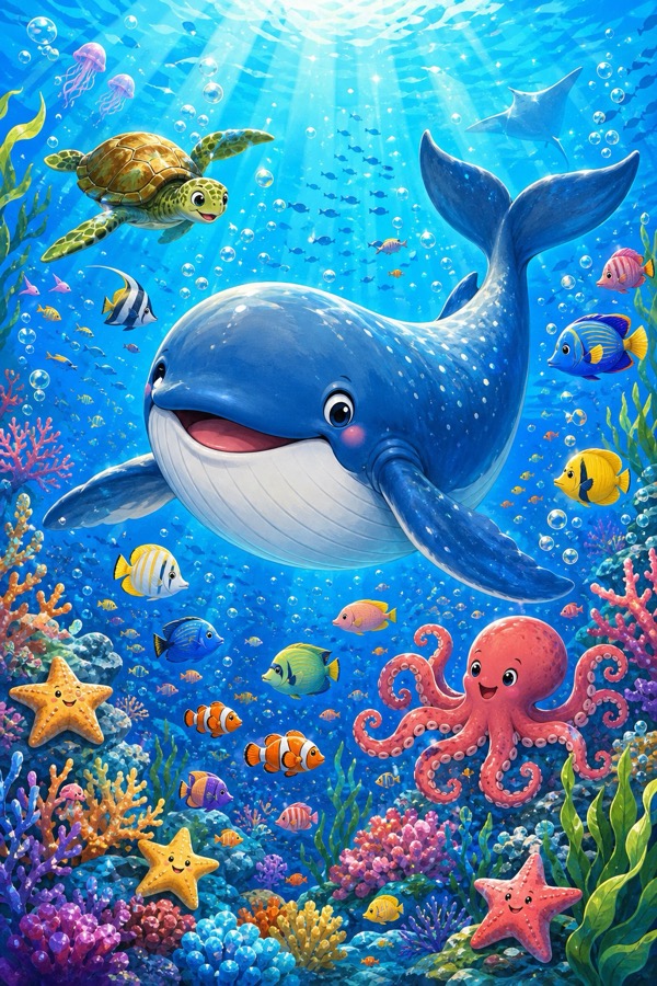 クジラや海の仲間たちが泳ぐ海中のAIアート