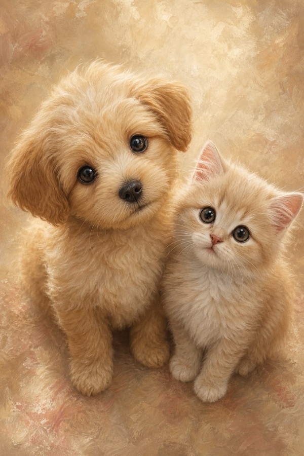 寄り添う子犬と子猫のAIアート