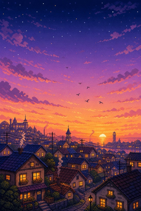 夕暮れに灯りがともる町並みのドット絵AIアート
