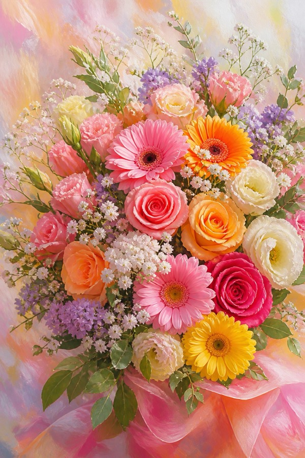 バラやガーベラを束ねた彩りの花束
