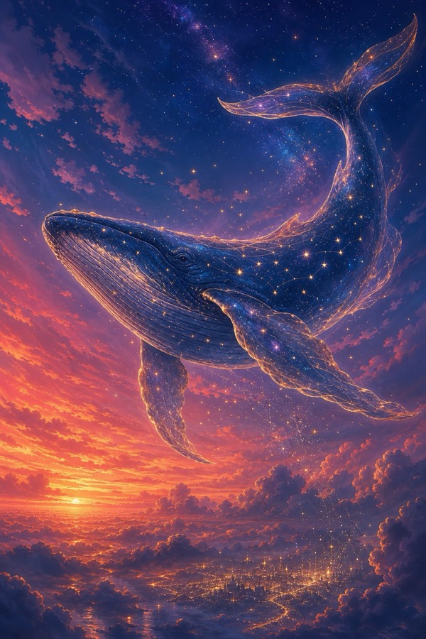 星空をおよぐクジラのAIアート