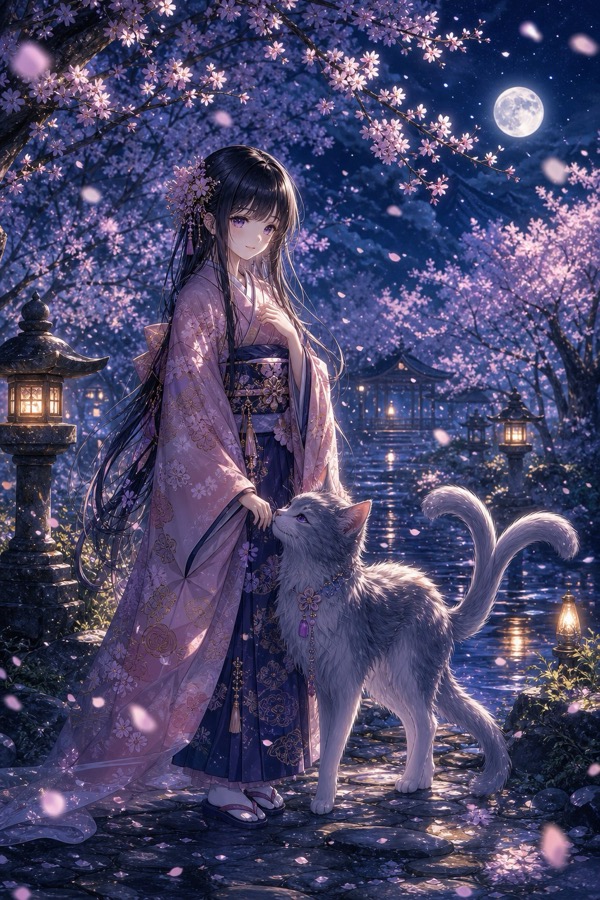 桜の下で猫と佇む着物姿の少女