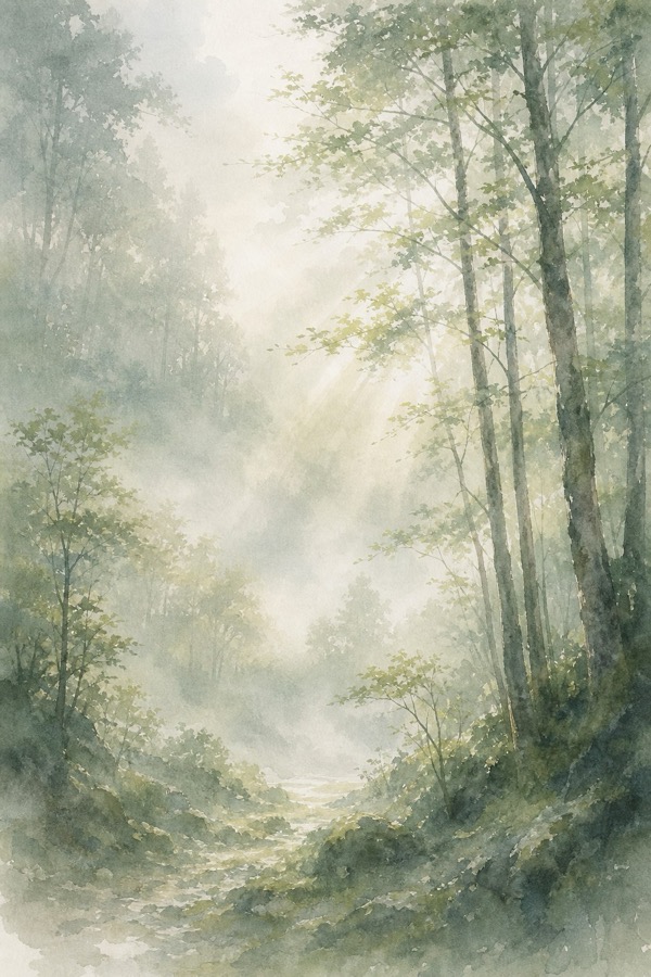 光が差し込む霧の森の水彩画