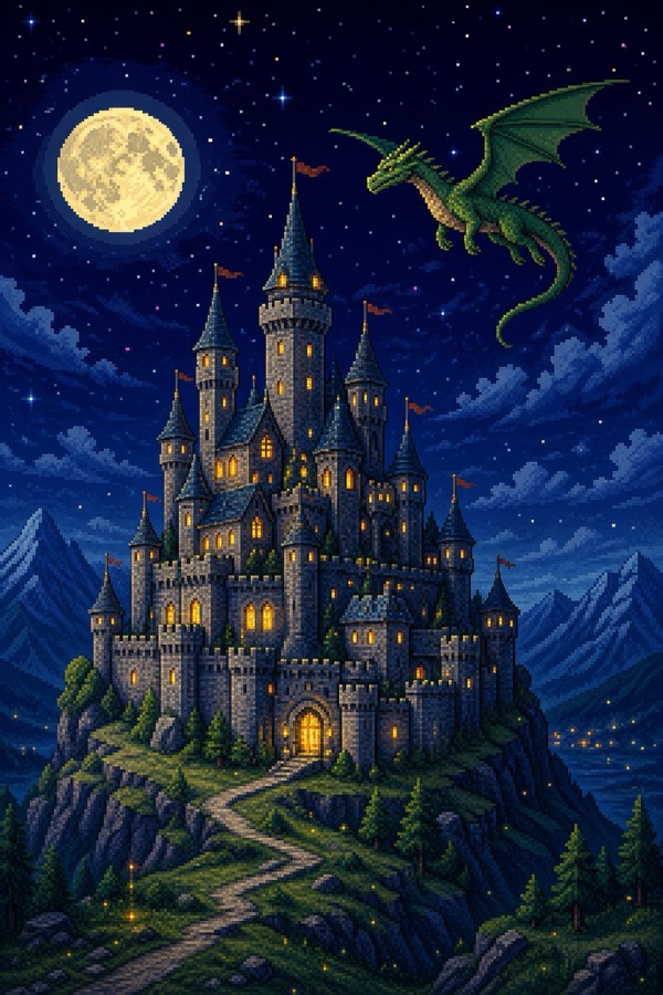 月夜の古城とドラゴンのドット絵