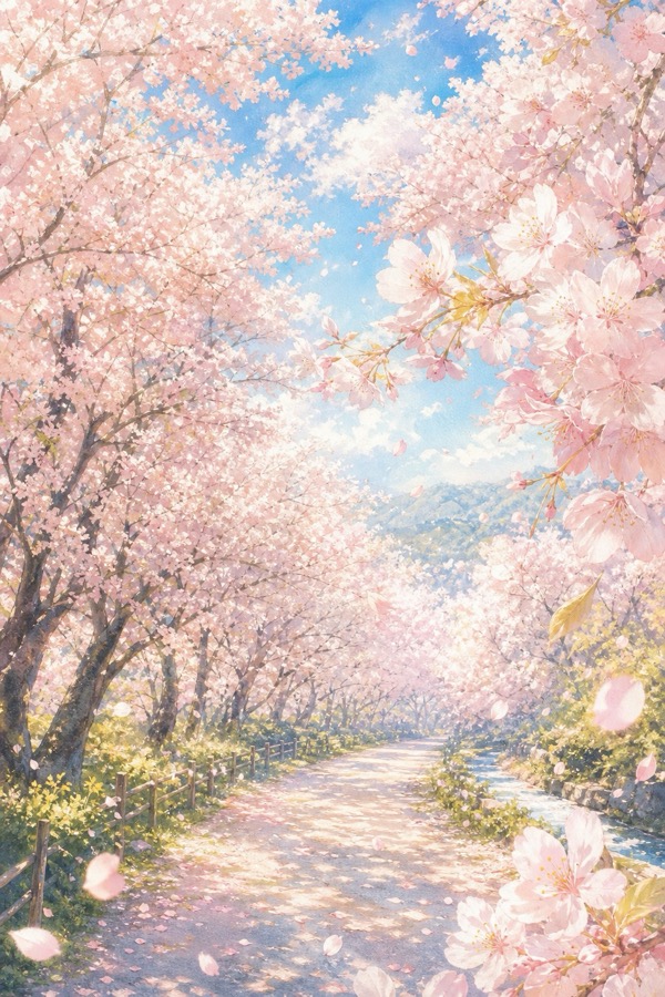 桜のトンネルが続く小径の水彩画