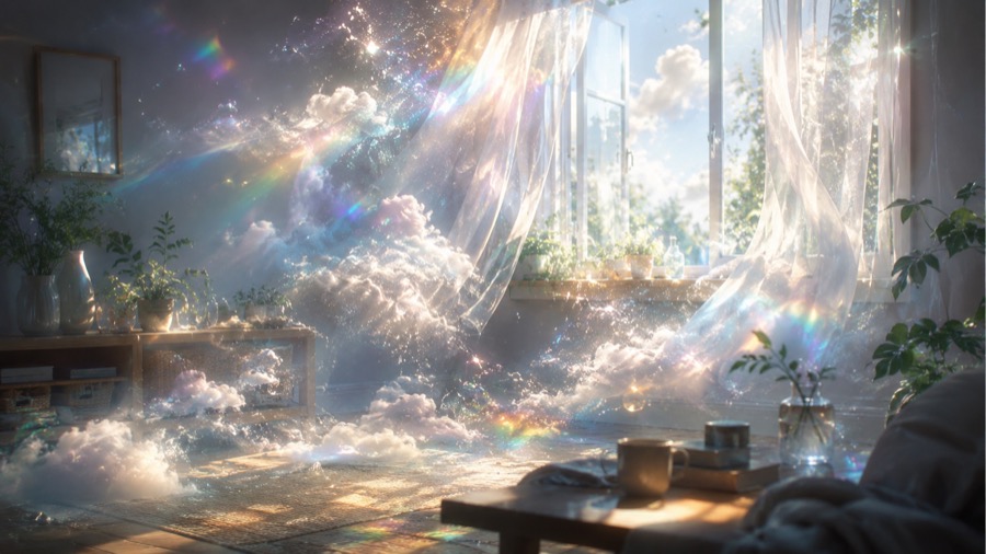 光とカーテンがきらめく、ゆらぎの部屋のAIアート