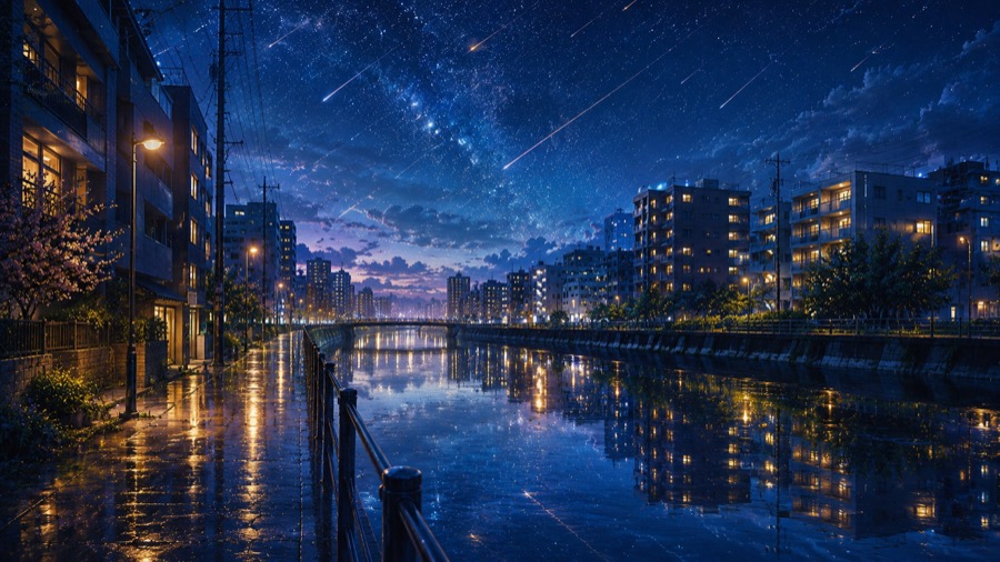 雨あがりの街に流れ星が降るAIアート